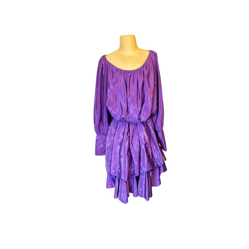Vintage Purple Floral Print‎ Balloon Sleeve Ruffle Dress lizzy & johny